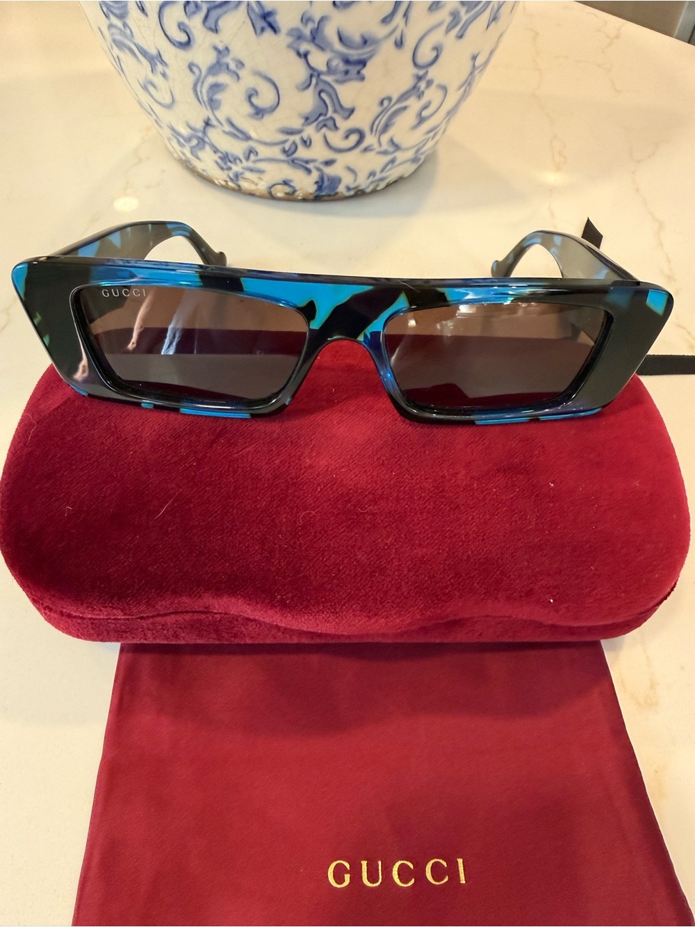 Gucci Black and Blue Rectangular Sunglasses